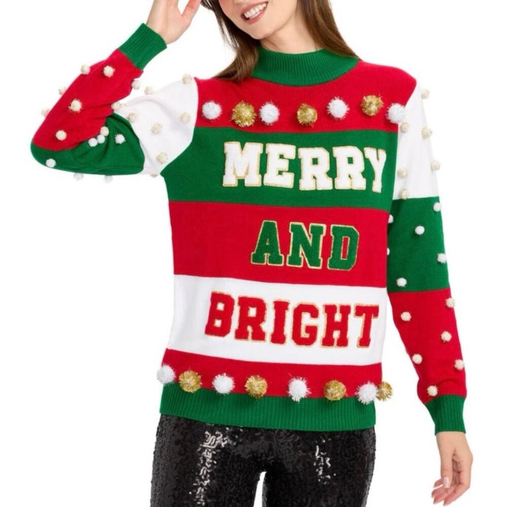 NEW Tipsy Elves Merry And Bright‎ Turtleneck Christmas Sweater Pom Pom Festive